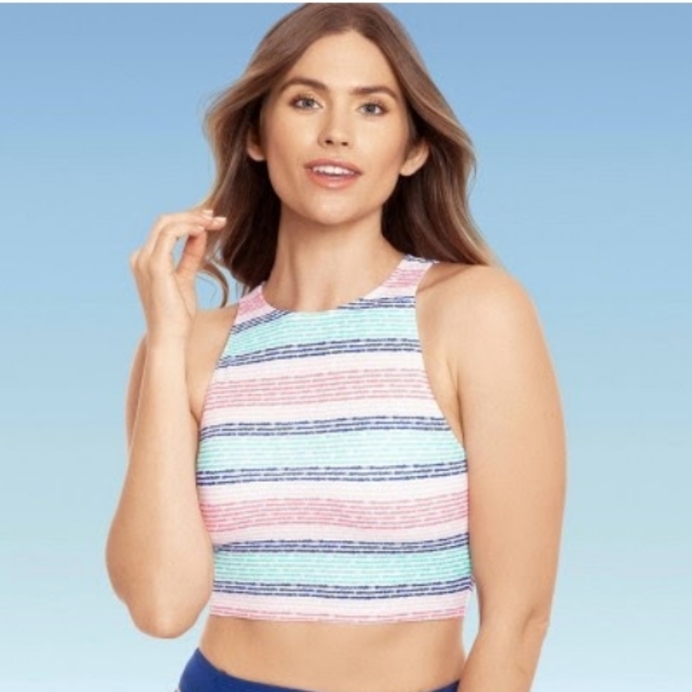 Swim Top High Neck Crop Beach Betty Miracle Brands Blue Peach Mint Coral White S